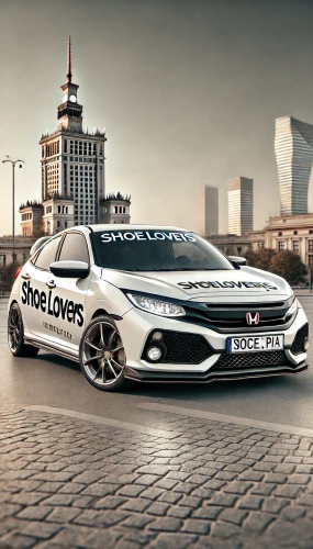 DALL·E 2025-02-11 22.36.27 - A white pearl 2013 Honda Civic Sport hatchback with a black 'SHOELOVERS.PL' text in a continuous line across the hood and the entire side of the car. .webp