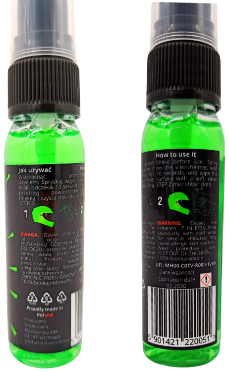 helmet cleaner spray czyszczenie kasku wizjera motocyklowego narciarskiego snowboardowego gogli szyb motocykla okularow usuwanie owadow zabrudzen helmet visor cleaner motocykl akcesoria moto outdoor preparat premium Knight Rider 30 100 ml